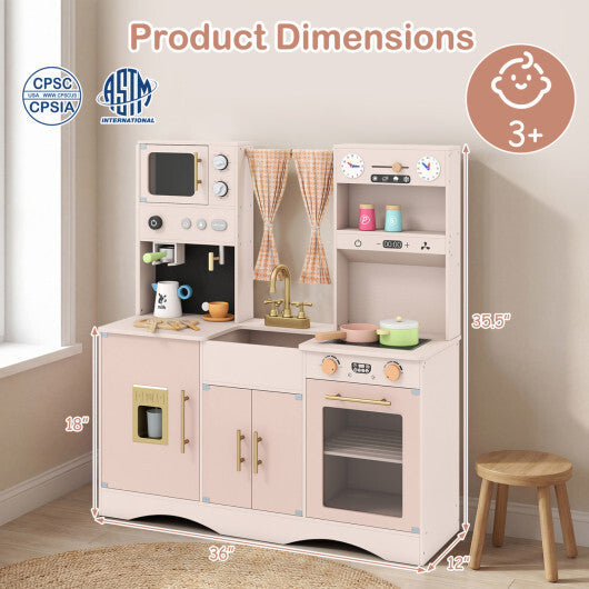 Wooden Kids Pretend Play Toy Kitchen with Microwave and Coffee Maker for Boys & Girls Ages 3+-Pink W2B