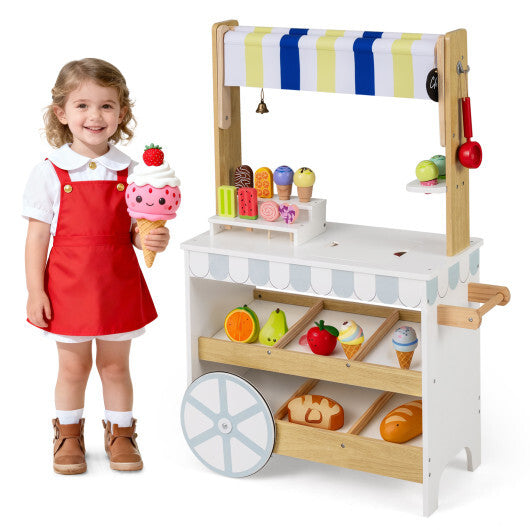 Wooden Ice Cream Cart for Kids 2-in-1 Grocery Store Playset with Display Shelves-White