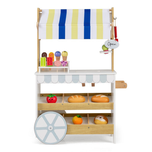 Wooden Ice Cream Cart for Kids 2-in-1 Grocery Store Playset with Display Shelves-White