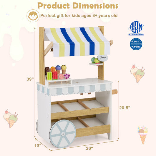Wooden Ice Cream Cart for Kids 2-in-1 Grocery Store Playset with Display Shelves-White