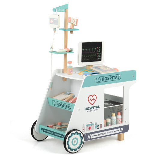 Wooden Doctor Playset for Kids Pretend Play Doctor Kit with Cart Gift for Toddlers Boys Girls Aged 3+-Green W2B