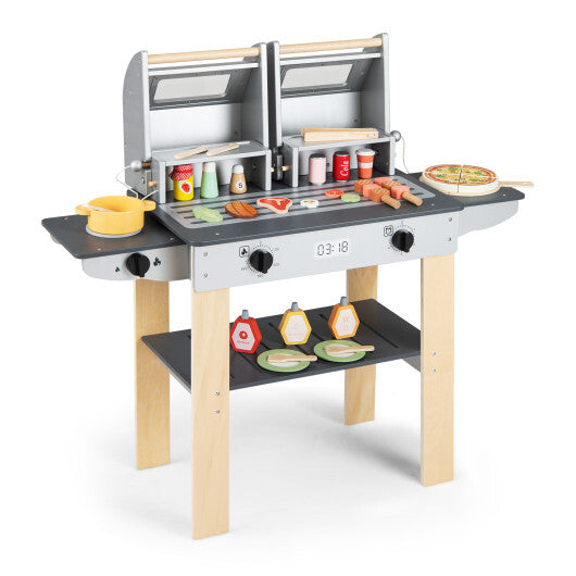 Wooden Kids Barbecue Grill Playset Kids Toy Grill with Abundant Grilling Tools and Play Foods W2B