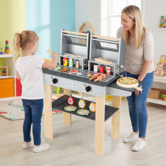 Wooden Kids Barbecue Grill Playset Kids Toy Grill with Abundant Grilling Tools and Play Foods W2B