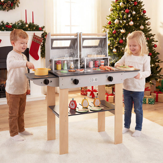 Wooden Kids Barbecue Grill Playset Kids Toy Grill with Abundant Grilling Tools and Play Foods W2B