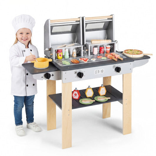 Wooden Kids Barbecue Grill Playset Kids Toy Grill with Abundant Grilling Tools and Play Foods W2B