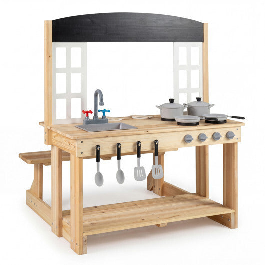 Wooden Pretend Play Kitchen with Bench and Cooking Accessories-Natural W2B