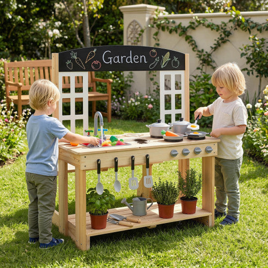 Wooden Pretend Play Kitchen with Bench and Cooking Accessories-Natural W2B
