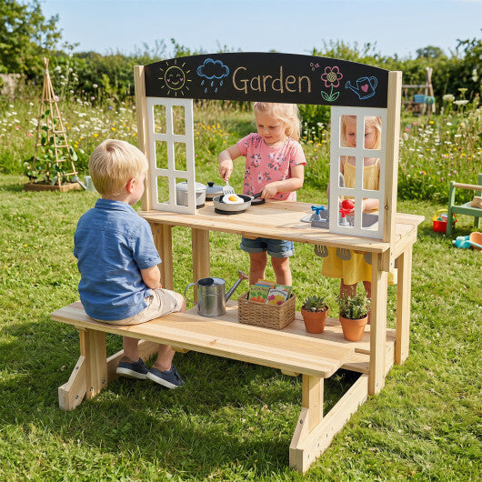 Wooden Pretend Play Kitchen with Bench and Cooking Accessories-Natural W2B