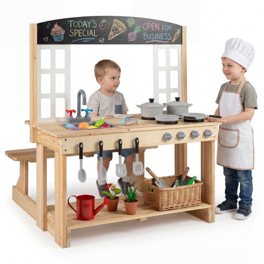 Wooden Pretend Play Kitchen with Bench and Cooking Accessories-Natural W2B
