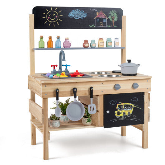 Outdoor Wooden Mud Kitchen for Kids with Sink and Stoves-Natural W2B