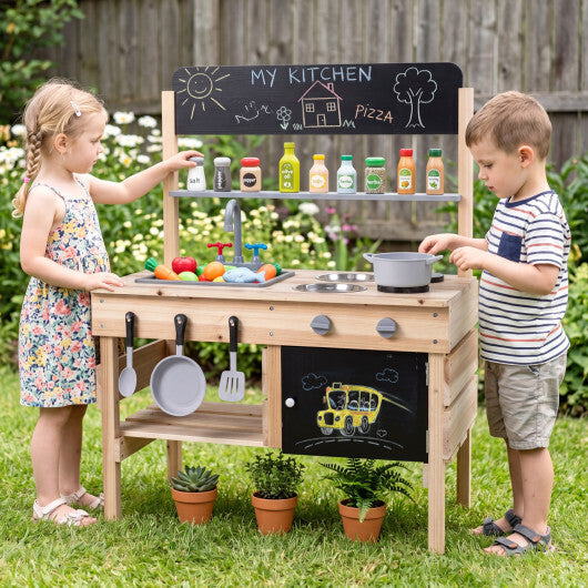 Outdoor Wooden Mud Kitchen for Kids with Sink and Stoves-Natural W2B