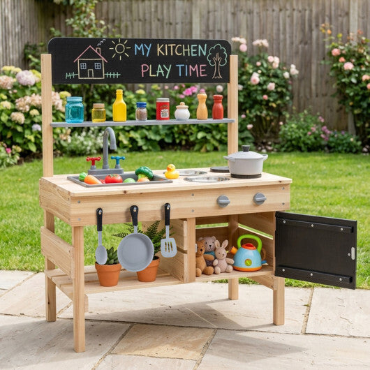 Outdoor Wooden Mud Kitchen for Kids with Sink and Stoves-Natural W2B