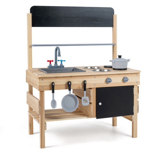 Outdoor Wooden Mud Kitchen for Kids with Sink and Stoves-Natural W2B