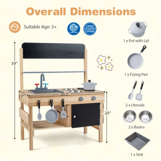Outdoor Wooden Mud Kitchen for Kids with Sink and Stoves-Natural W2B