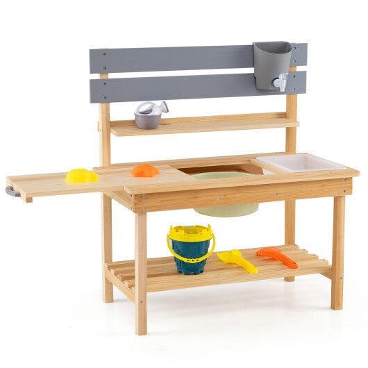 Outdoor Kids Mud Kitchen with Extended Tabletop and Water Tank-Natural W2B