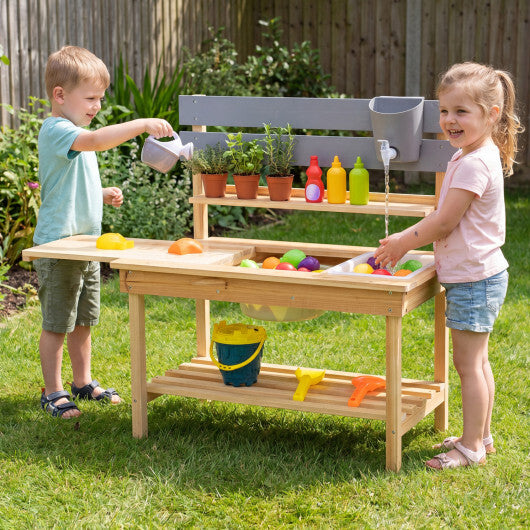 Outdoor Kids Mud Kitchen with Extended Tabletop and Water Tank-Natural W2B