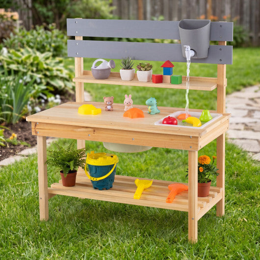 Outdoor Kids Mud Kitchen with Extended Tabletop and Water Tank-Natural W2B