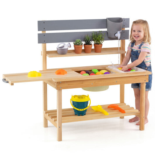 Outdoor Kids Mud Kitchen with Extended Tabletop and Water Tank-Natural W2B