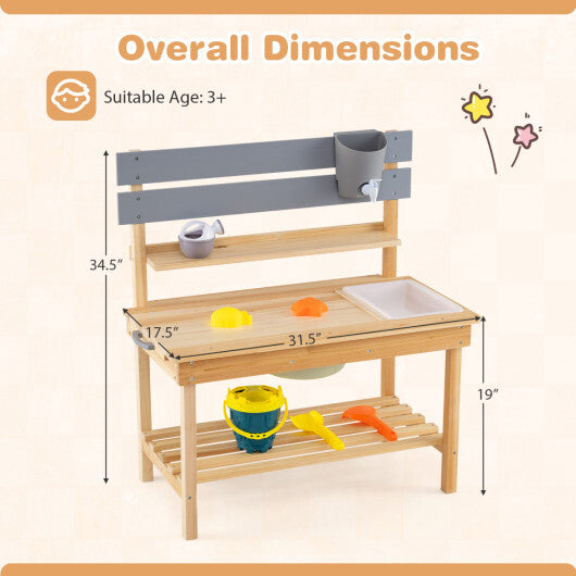 Outdoor Kids Mud Kitchen with Extended Tabletop and Water Tank-Natural W2B