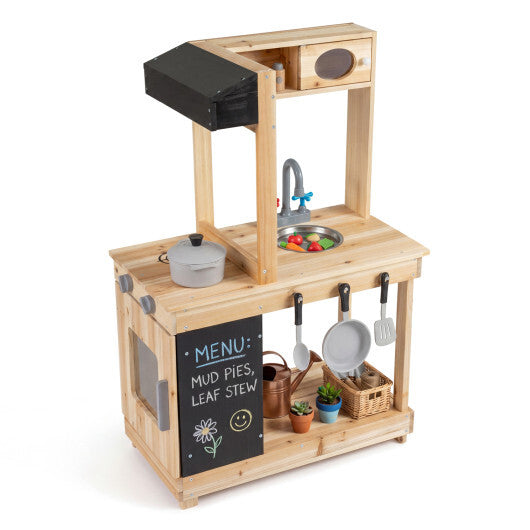 Kids Outdoor Wooden Mud Kitchen with Stoves and Chalkboard-Natural W2B