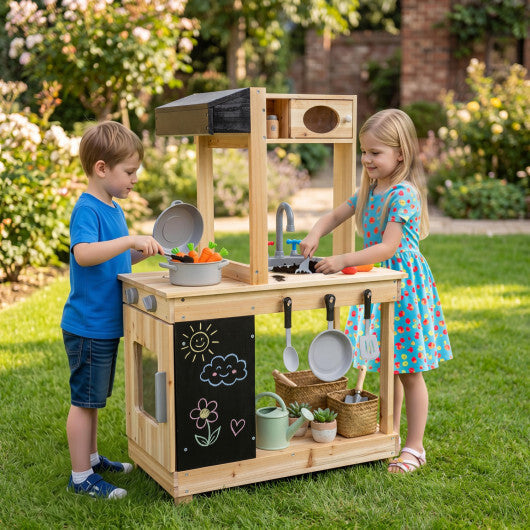 Kids Outdoor Wooden Mud Kitchen with Stoves and Chalkboard-Natural W2B