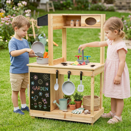 Kids Outdoor Wooden Mud Kitchen with Stoves and Chalkboard-Natural W2B