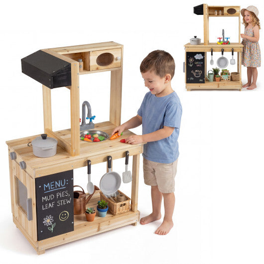 Kids Outdoor Wooden Mud Kitchen with Stoves and Chalkboard-Natural W2B