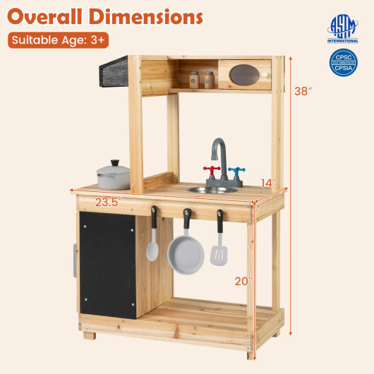 Kids Outdoor Wooden Mud Kitchen with Stoves and Chalkboard-Natural W2B