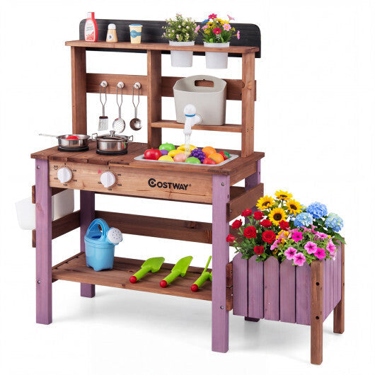 Wooden Mud Kitchen Set with Running Water Faucet Tank-Purple W2B