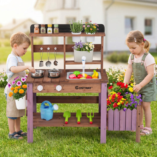 Wooden Mud Kitchen Set with Running Water Faucet Tank-Purple W2B