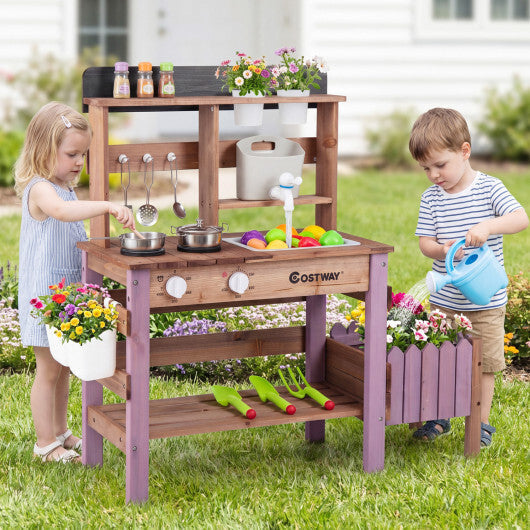 Wooden Mud Kitchen Set with Running Water Faucet Tank-Purple W2B