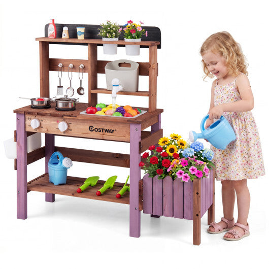 Wooden Mud Kitchen Set with Running Water Faucet Tank-Purple W2B