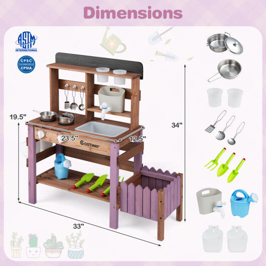 Wooden Mud Kitchen Set with Running Water Faucet Tank-Purple W2B
