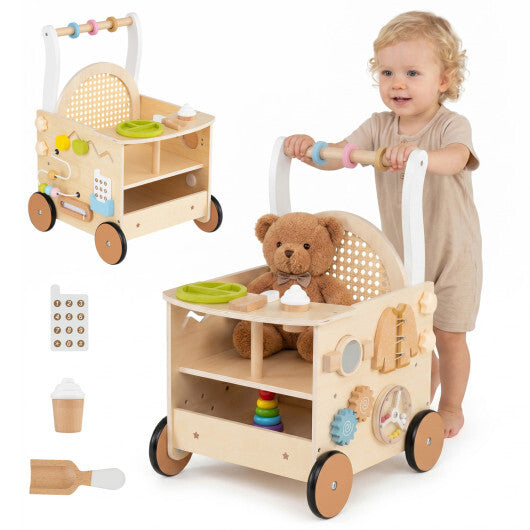 13-In-1 Toddler Wooden Push Walker with Wheels and Storage W2B