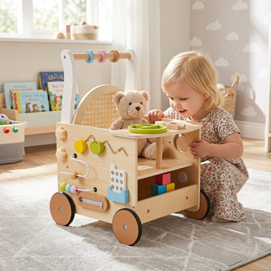 13-In-1 Toddler Wooden Push Walker with Wheels and Storage W2B