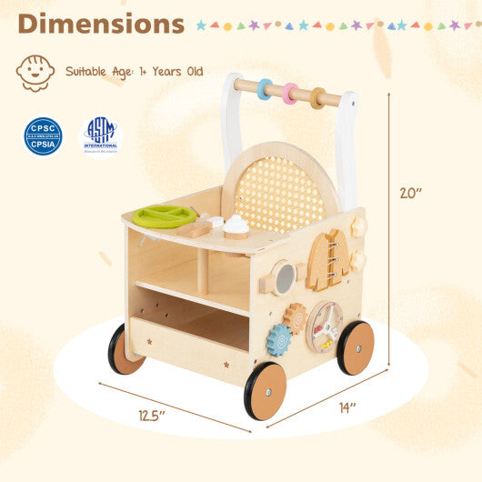 13-In-1 Toddler Wooden Push Walker with Wheels and Storage W2B