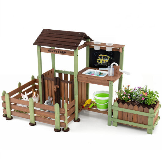 Fir Wood Mud Farm Playset with Planter Box Lockable Yard and Faucet for 3+ Kids W2B