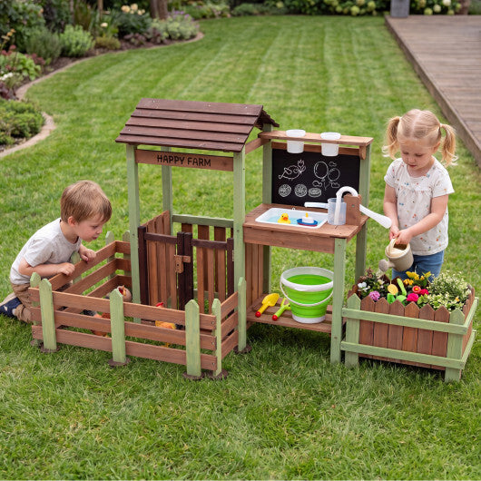 Fir Wood Mud Farm Playset with Planter Box Lockable Yard and Faucet for 3+ Kids W2B