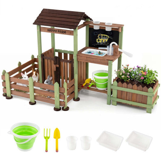 Fir Wood Mud Farm Playset with Planter Box Lockable Yard and Faucet for 3+ Kids W2B