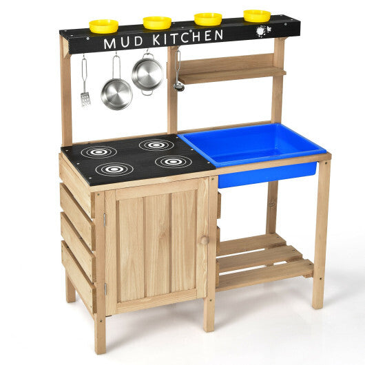 Outdoor Mud Kids Kitchen Playset Wooden Pretend Play Toy with Kitchenware W2B