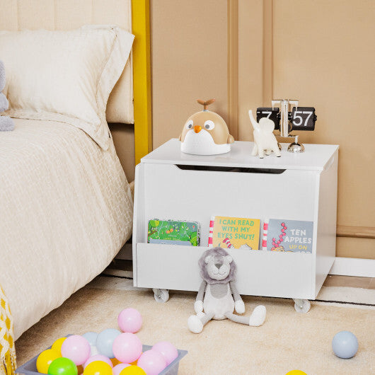 Wooden Mobile Toy Storage Organizer with Bookshelf and Lockable Wheels-White W2B