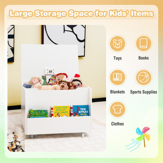 Wooden Mobile Toy Storage Organizer with Bookshelf and Lockable Wheels-White W2B
