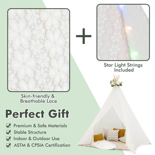 Lace Teepee Tent with Colorful Light Strings for Children W2B