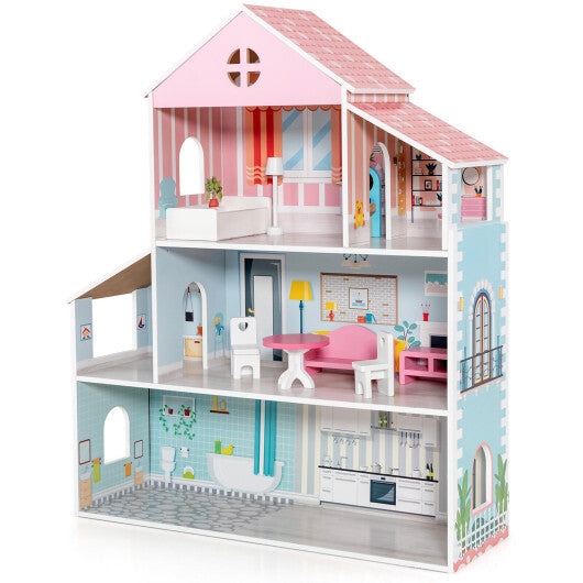 3-Tier Toddler Doll House with Furniture Gift for Age over 3 W2B