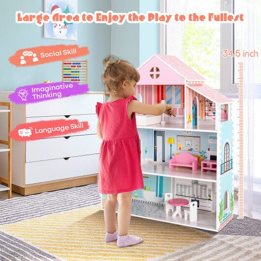 3-Tier Toddler Doll House with Furniture Gift for Age over 3 W2B