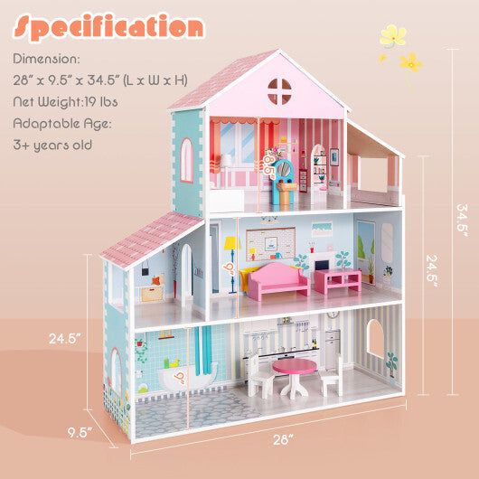 3-Tier Toddler Doll House with Furniture Gift for Age over 3 W2B