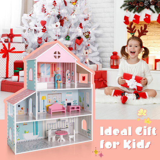 3-Tier Toddler Doll House with Furniture Gift for Age over 3 W2B