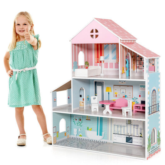 3-Tier Toddler Doll House with Furniture Gift for Age over 3 W2B