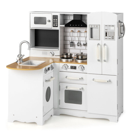 Wooden Kid's Corner Kitchen Playset with Stove for Toddlers-Natural & White W2B