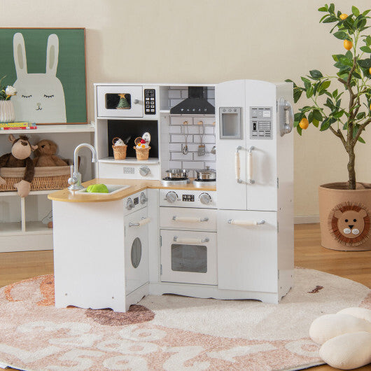 Wooden Kid's Corner Kitchen Playset with Stove for Toddlers-Natural & White W2B